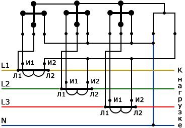 Десятипроводная схема подключения счетчика с включением ТТ звездой
