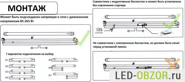 Способы установки и подключения светодиодных трубок T8