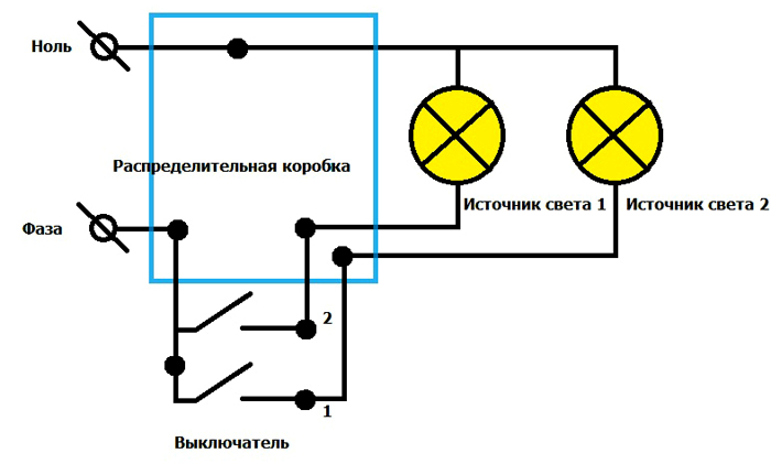 Вариант подсоединения к двум лампочкам