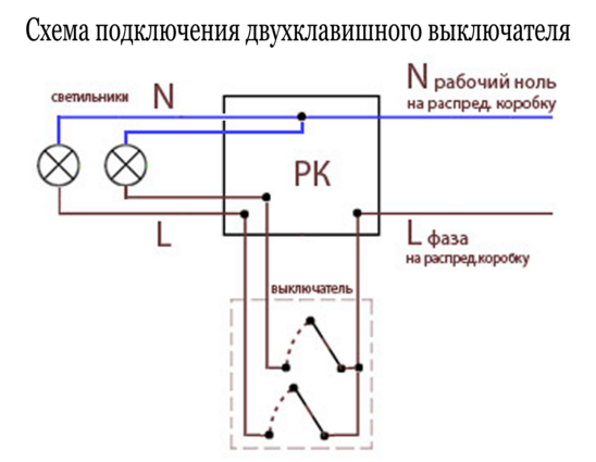 Схема подключения выключателя с двумя клавишами