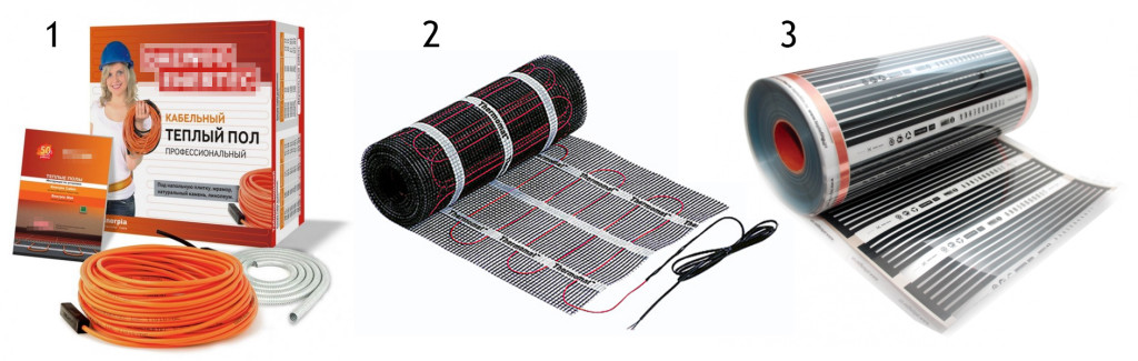 Виды электрических теплых полов: 1 - Кабельный. 2 - Кабельный с армирующей сеткой. 3 - Пленочный (инфракрасный)
