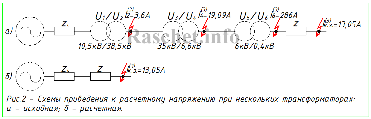 Рис.2 - Схемы приведения к расчетному напряжению при нескольких трансформаторах