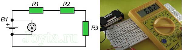 измерение мультиметром напряжения с двух сторон батареи