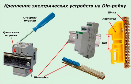 Установка DIN-рейки и автоматов с клемниками.