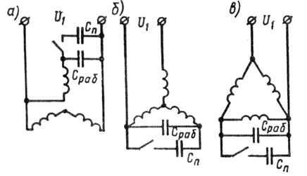 Схемы соединения обмотки статора трехфазного асинхронного двигателя при включении его в однофазную сеть