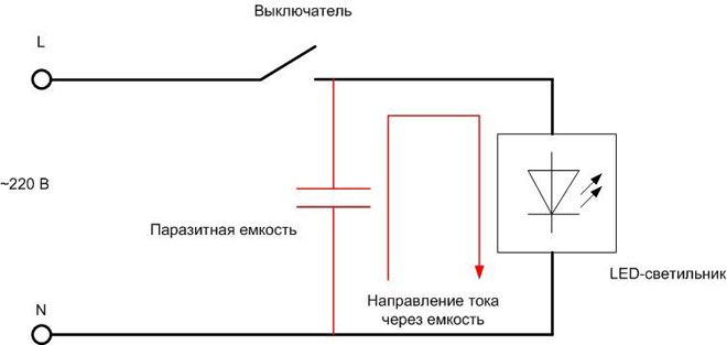 Схема с влиянием паразитной ёмкости на свечение светодиодной лампы. 