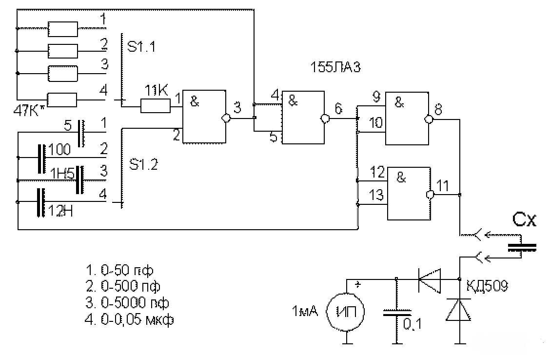 Схема измерителя ёмкости на микросхемах серии 155ЛА3