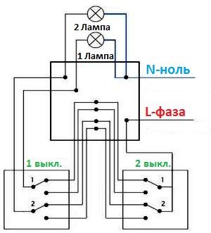 схема подключения 2 клавишного проходного выключателя