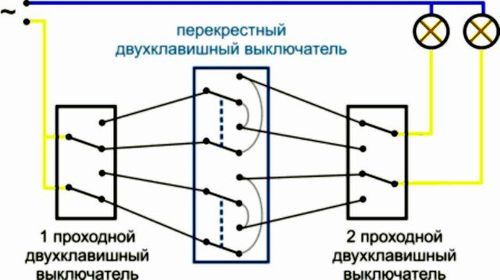 схема перекрестного двухклавишного проходного выключателя